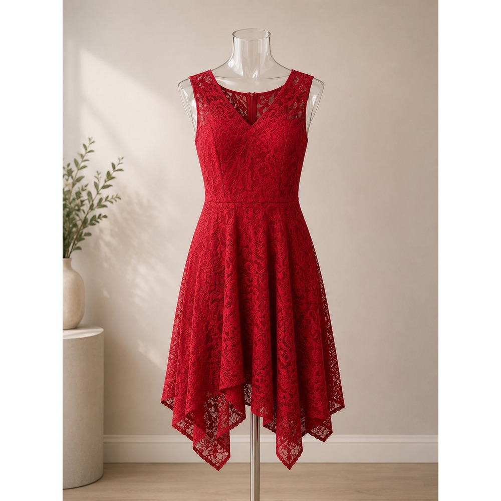 Meetjen Red Lace Handkerchief Hem Dress XL Sleeveless Fit & Flare Cocktail Dress
